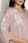 Shop_KAVERI_Pink 100% Linen Embroidered Thread V Neck Fly Free Asymmetric Tunic  _Online_at_Aza_Fashions