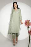 Buy_Kaveri_Green 100% Linen Embroidered Thread V Neck Fly Free Floral Tunic  _at_Aza_Fashions