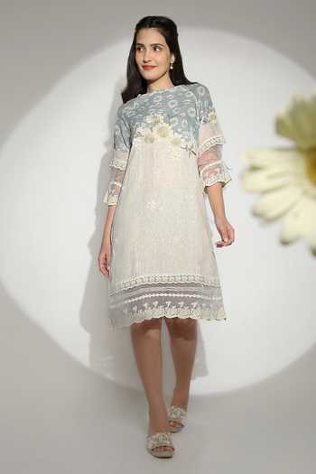 Buy_Kaveri_Off White Linen Tassels, Embroidery Round Neck Screen Print Floral Midi Dress _at_Aza_Fashions