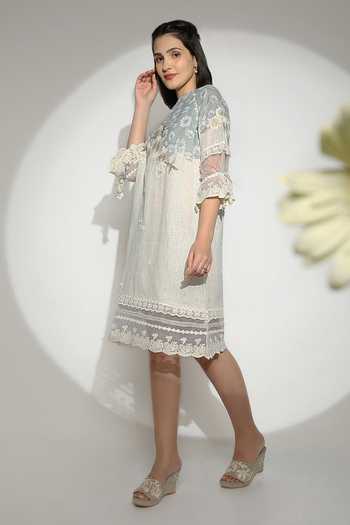 Kaveri_Off White Linen Tassels, Embroidery Round Neck Screen Print Floral Midi Dress _Online_at_Aza_Fashions