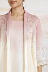 Shop_Kaveri_Pink Linen Crystals, Studs, Pearls Round Mykonos Embellished Jacket And Dress Set _Online_at_Aza_Fashions