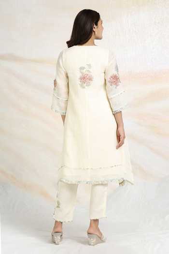 Shop_Kaveri_Off White Linen, Silk Organza Fringe, Fly Free Printed Kurta Pant Set _at_Aza_Fashions