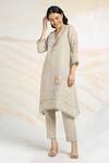 KAVERI_Beige 100% Linen Printed And Embroidered Hydrangeas Fly Free Kurta  _Online_at_Aza_Fashions