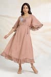 Buy_Kaveri_Pink Linen Tassels Round Neck Bed Of Roses Embroidered Dress _at_Aza_Fashions