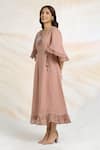 Kaveri_Pink Linen Tassels Round Neck Bed Of Roses Embroidered Dress _Online_at_Aza_Fashions