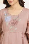 Buy_Kaveri_Pink Linen Tassels Round Neck Bed Of Roses Embroidered Dress _Online_at_Aza_Fashions