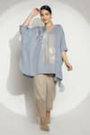 Buy_Kaveri_Blue Linen, Silk Organza Embroidery V-neck Leaves Embellished Kaftan Top _at_Aza_Fashions