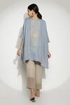 Shop_Kaveri_Blue Linen, Silk Organza Embroidery V-neck Leaves Embellished Kaftan Top _at_Aza_Fashions