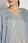 Buy_Kaveri_Blue Linen, Silk Organza Embroidery V-neck Leaves Embellished Kaftan Top _Online_at_Aza_Fashions