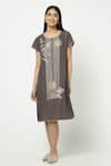 Buy_Kaveri_Grey Linen Zari Round Neck Leaf Pattern Dress _at_Aza_Fashions
