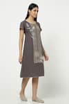 Kaveri_Grey Linen Zari Round Neck Leaf Pattern Dress _Online_at_Aza_Fashions