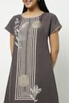 Buy_Kaveri_Grey Linen Zari Round Neck Leaf Pattern Dress _Online_at_Aza_Fashions
