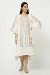 Buy_Kaveri_Off White Linen Zari Round , Open Maze Stripe Print Dress With Jacket _at_Aza_Fashions