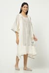 Kaveri_Off White Linen Zari Round , Open Maze Stripe Print Dress With Jacket _Online_at_Aza_Fashions