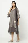 Kaveri_Grey Linen Embroidery, Zari Round , Open Maze Printed Dress With Jacket _Online_at_Aza_Fashions