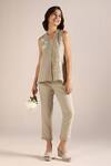 Buy_Kaveri_Beige Linen Embroidery V-neck Camelia Flower Print Top _Online_at_Aza_Fashions