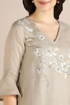 Buy_Kaveri_Beige 100% Linen Printed Camelia Flower V Neck Fly Free Tunic  _Online_at_Aza_Fashions