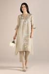 Shop_Kaveri_Beige 100% Linen Printed Camelia Flower V Neck Fly Free Tunic  _Online_at_Aza_Fashions