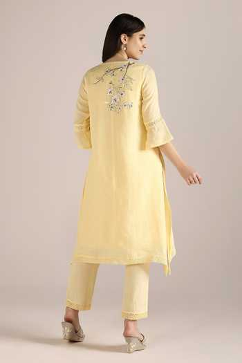 Shop_Kaveri_Yellow 100% Linen Printed Camelia Flower V Neck Fly Free Tunic  _at_Aza_Fashions