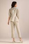 Shop_Kaveri_Beige Linen Embroidery V-neck Camelia Floral Print Top And Pant Set _at_Aza_Fashions
