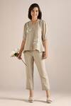 Kaveri_Beige Linen Embroidery V-neck Camelia Floral Print Top And Pant Set _Online_at_Aza_Fashions