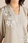 Shop_Kaveri_Beige Linen Embroidery V-neck Camelia Floral Print Top And Pant Set _Online_at_Aza_Fashions