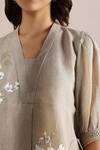 Kaveri_Beige Linen Embroidery V-neck Camelia Floral Print Top And Pant Set _at_Aza_Fashions