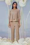 Buy_Kaveri_Beige Linen Embroidery Round Neck Rosette Bud Top _at_Aza_Fashions