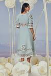 Shop_Kaveri_Blue Linen, Silk Organza Embroidery, Lace Round Neck Bed Of Rose Midi Dress _at_Aza_Fashions