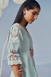 Buy_Kaveri_Blue Linen, Silk Organza Embroidery, Lace Round Neck Bed Of Rose Midi Dress _Online_at_Aza_Fashions