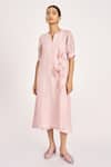 Buy_KAVERI_Pink 100% Linen Print Lily Notched 3d Botanical Applique Midi Dress  _at_Aza_Fashions