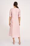 Shop_KAVERI_Pink 100% Linen Print Lily Notched 3d Botanical Applique Midi Dress  _at_Aza_Fashions