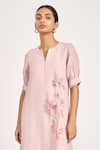 KAVERI_Pink 100% Linen Print Lily Notched 3d Botanical Applique Midi Dress  _Online_at_Aza_Fashions