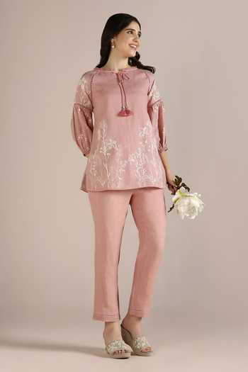 Buy_Kaveri_Pink Linen Lace, Embroidery Round Savannah Floral Pattern Kismat Top With Pant _at_Aza_Fashions