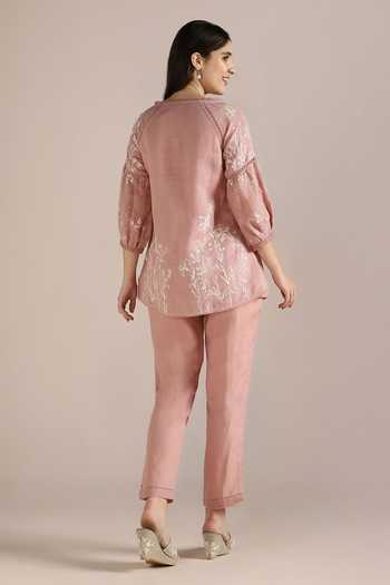 Shop_Kaveri_Pink Linen Lace, Embroidery Round Savannah Floral Pattern Kismat Top With Pant _at_Aza_Fashions
