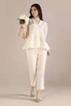 Buy_Kaveri_Off White Linen Embroidery, Lace V-neck Camelia Printed Top And Pant Set _at_Aza_Fashions