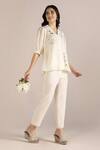 Kaveri_Off White Linen Embroidery, Lace V-neck Camelia Printed Top And Pant Set _Online_at_Aza_Fashions