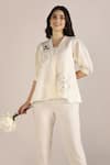 Buy_Kaveri_Off White Linen Embroidery, Lace V-neck Camelia Printed Top And Pant Set _Online_at_Aza_Fashions