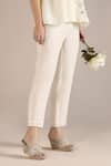 Kaveri_Off White Linen Embroidery, Lace V-neck Camelia Printed Top And Pant Set _at_Aza_Fashions