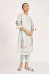 Buy_Kaveri_Blue 100% Linen Embroidery Rose Bud Mandarin Round Collar Ice Jacket Pant Set _at_Aza_Fashions