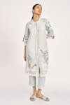 Kaveri_Blue 100% Linen Embroidery Rose Bud Mandarin Round Collar Ice Jacket Pant Set _at_Aza_Fashions
