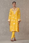 Masaba_Yellow Crepe Silk Printed Parijat V Neck Kurta_Online_at_Aza_Fashions