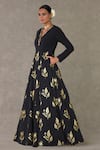 Masaba_Black Scuba Printed Dori V Neck All In Bloom Leafy Gown_Online_at_Aza_Fashions