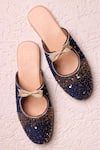 Shop_Sandalwali_Blue Sequins Gloria Velvet Embellished Bow Mules _at_Aza_Fashions