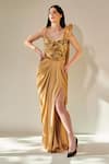 Buy_One Knot One_Gold Crinkled Crepe Satin And Organza Embellished Sequins Sweetheart Bodice Gown _at_Aza_Fashions