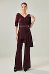 Buy_One Knot One_Wine Banana Crepe Lycra Plain Spread V Neck Asymmetric Top With Pant_at_Aza_Fashions