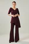 Buy_One Knot One_Wine Banana Crepe Lycra Plain Spread V Neck Asymmetric Top With Pant_Online_at_Aza_Fashions