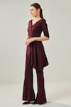 One Knot One_Wine Banana Crepe Lycra Plain Spread V Neck Asymmetric Top With Pant_at_Aza_Fashions
