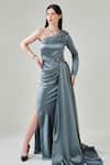 Buy_One Knot One_Grey Heavyweight Satin Placement Embellished Side Trail Gown With Belt_at_Aza_Fashions
