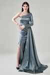 Buy_One Knot One_Grey Heavyweight Satin Placement Embellished Side Trail Gown With Belt_Online_at_Aza_Fashions